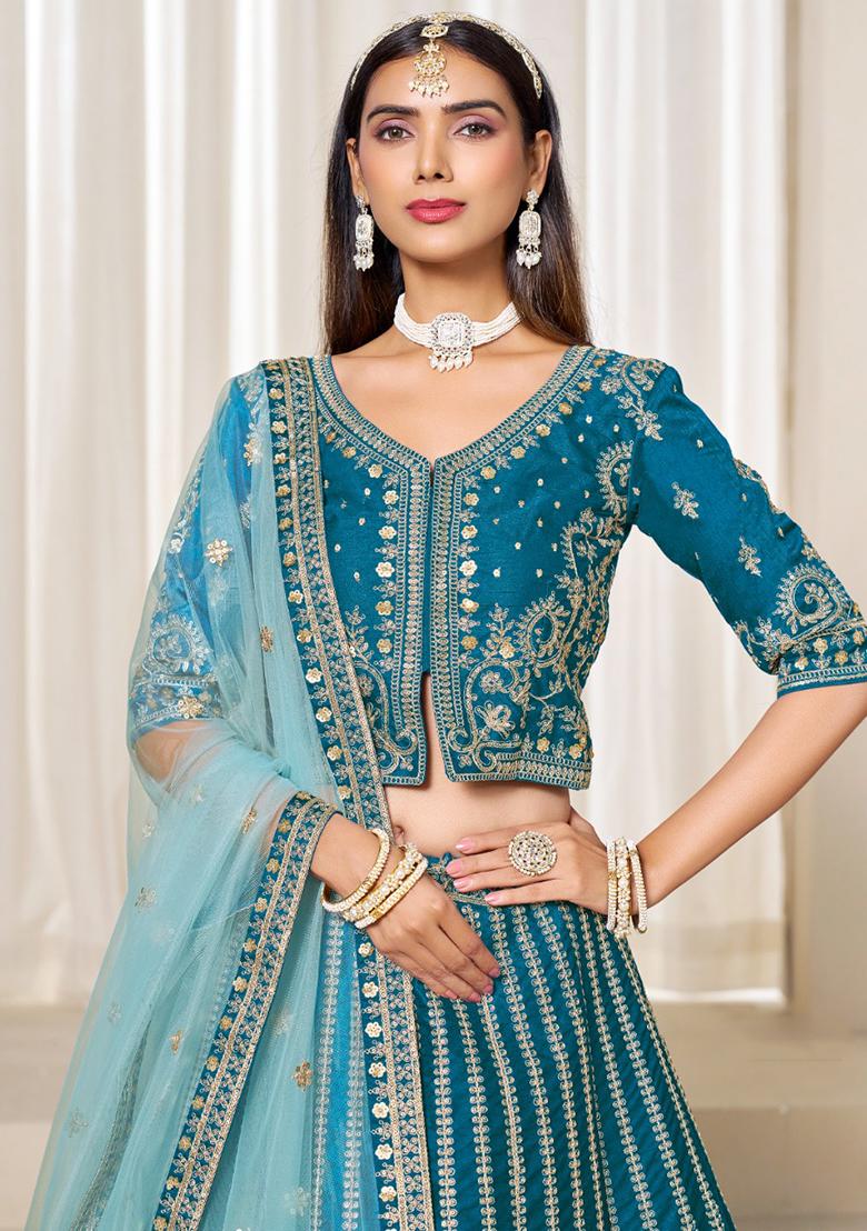 Teal Embroidered Silk Lehenga Set - Indya