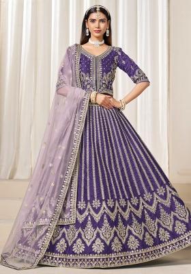 Dark Lavender Embroidered Silk Lehenga Set