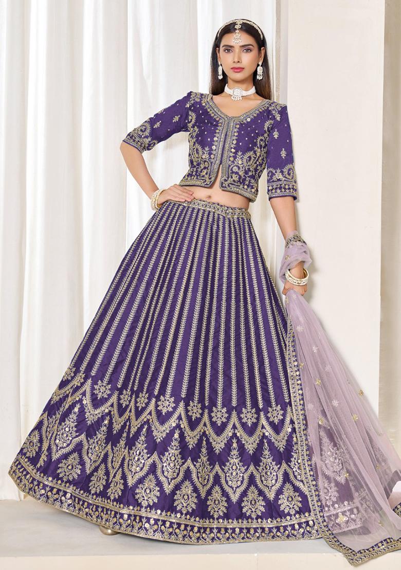 Dark Lavender Embroidered Silk Lehenga Set - Indya