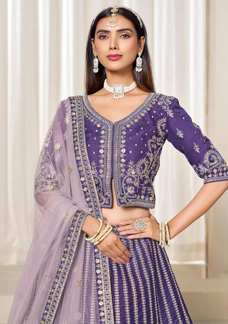 Dark Lavender Embroidered Silk Lehenga Set - Indya