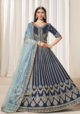 Navy Blue Embroidered Silk Lehenga Set