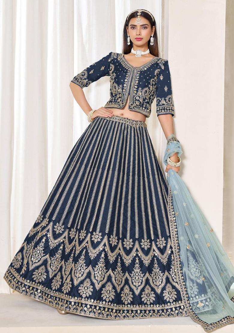 Navy Blue Embroidered Silk Lehenga Set - Indya