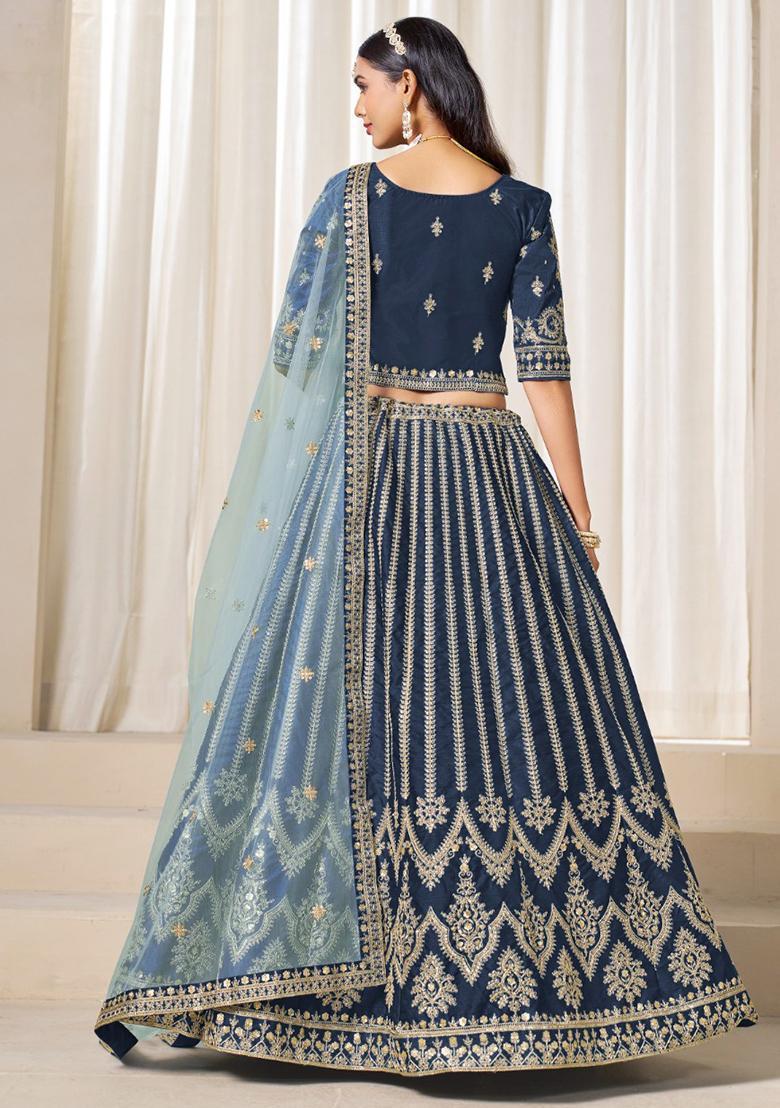Navy Blue Embroidered Silk Lehenga Set