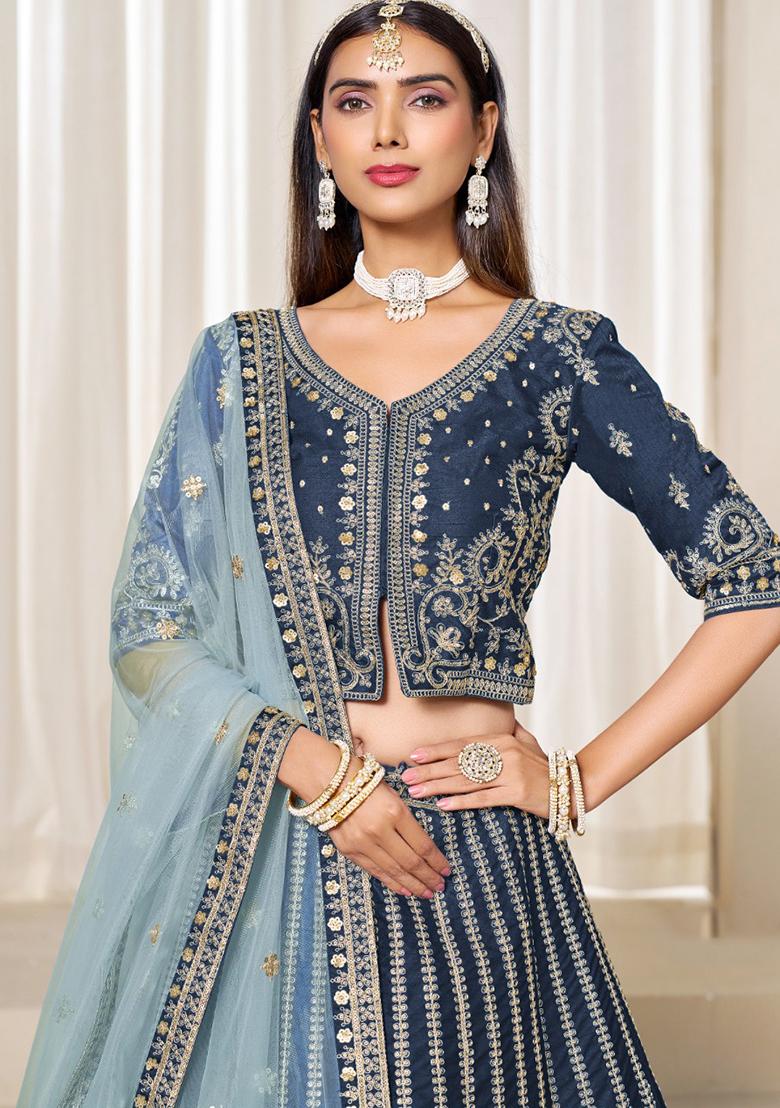 Navy Blue Embroidered Silk Lehenga Set - Indya
