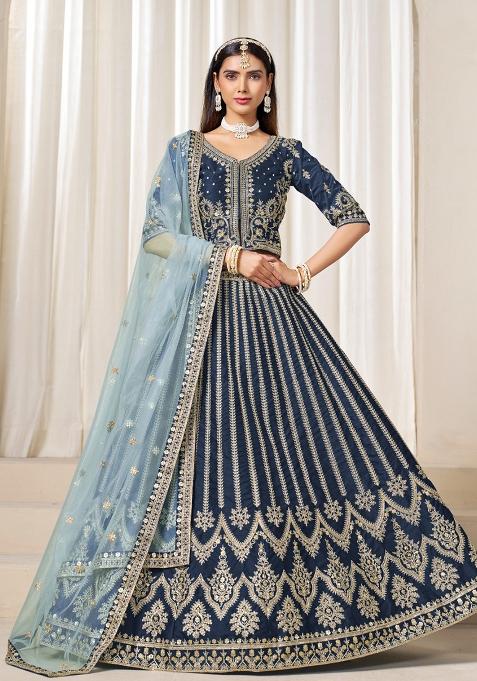 Navy Blue Embroidered Silk Lehenga Set