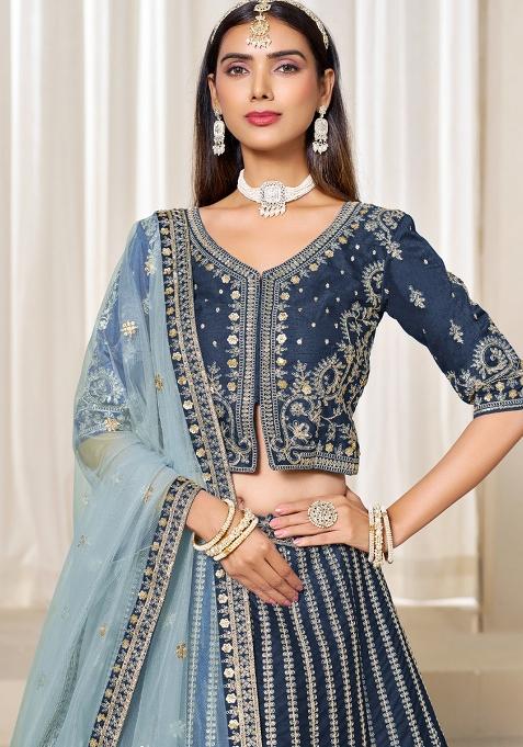 Navy Blue Embroidered Silk Lehenga Set