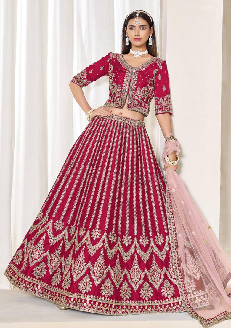 Red Embroidered Silk Lehenga Set - Indya