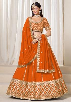 Orange Embroidered Silk Lehenga Set
