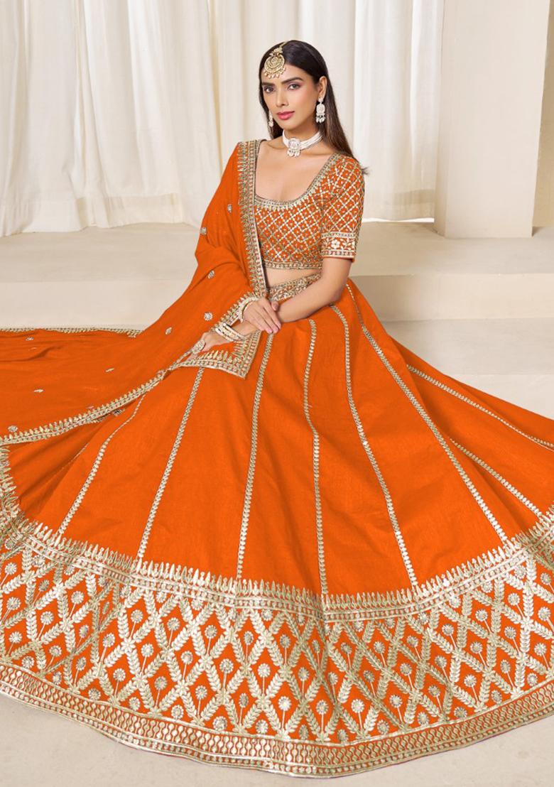 Orange Embroidered Silk Lehenga Set - Indya