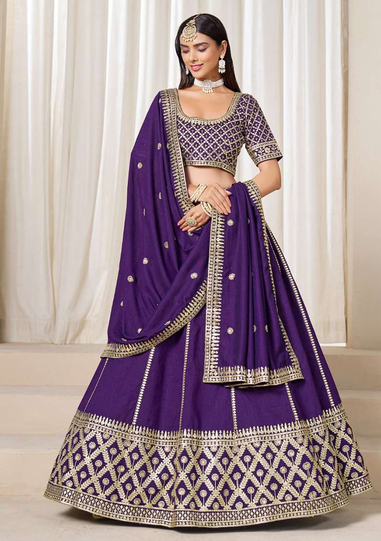 Purple Embroidered Silk Blend Lehenga Set for Diwali and Festive Wear - Indya