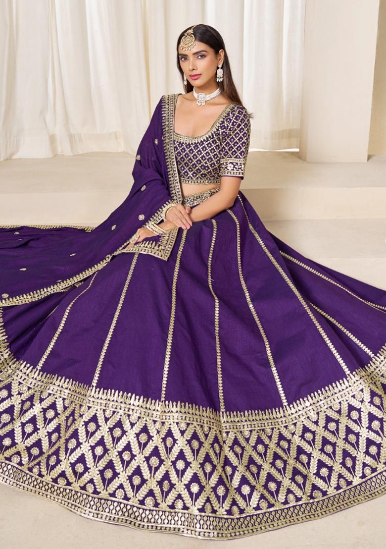 Purple Embroidered Silk Lehenga Set - Indya