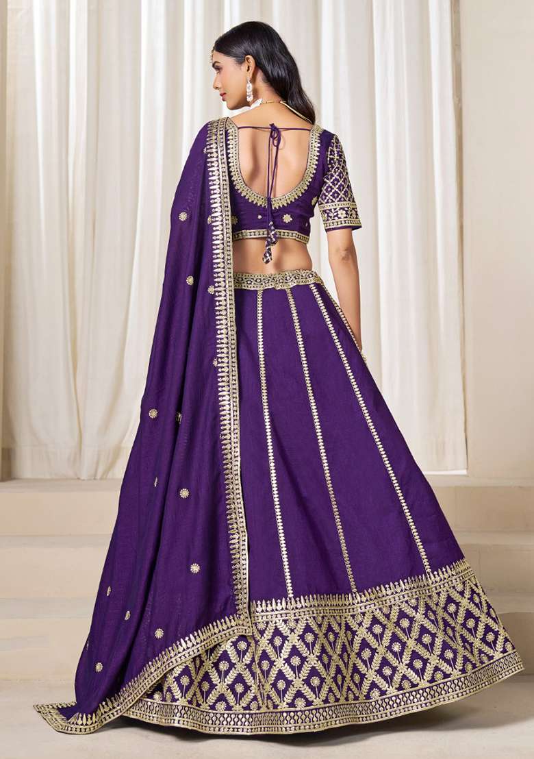 Purple Embroidered Silk Blend Lehenga Set for Diwali and Festive Wear - Indya