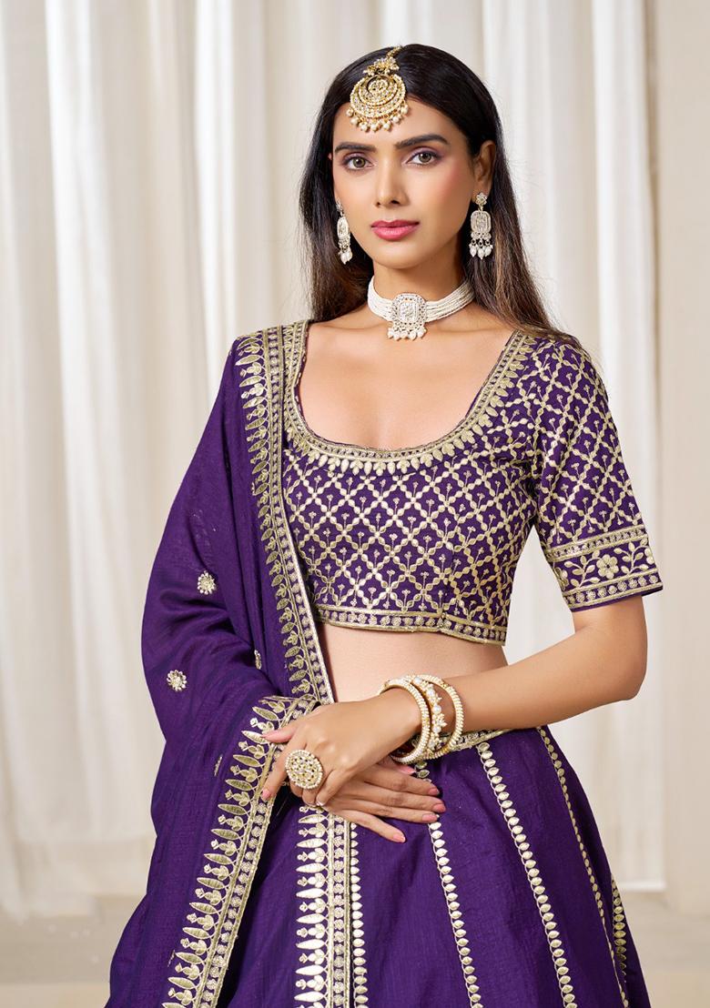 Purple Embroidered Silk Lehenga Set - Indya