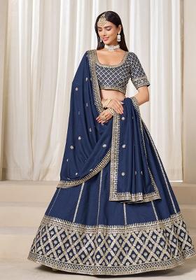 Navy Blue Embroidered Silk Lehenga Set