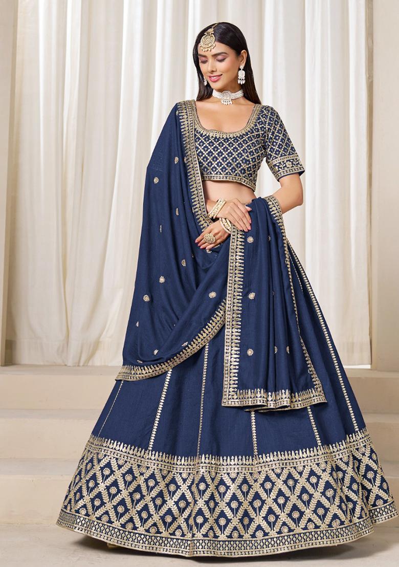 Navy Blue Embroidered Silk Lehenga Set