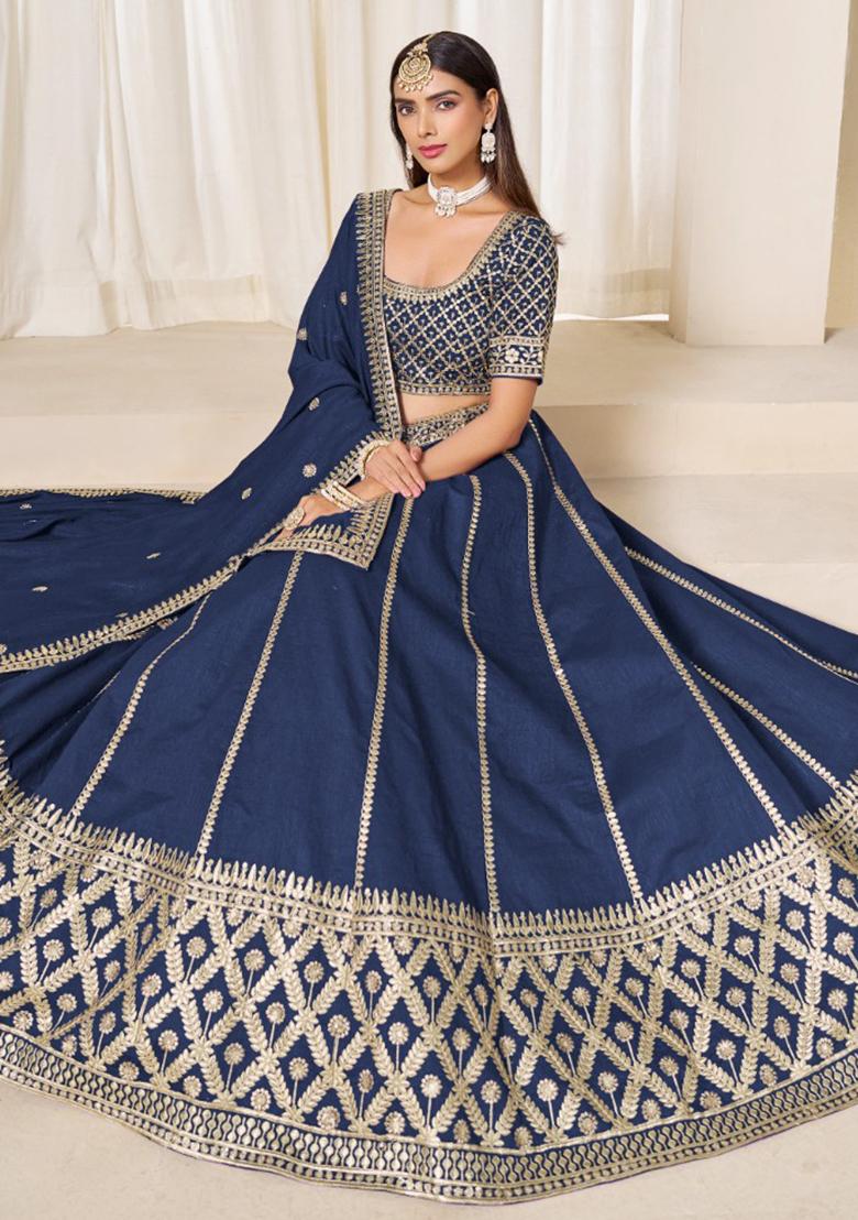 Navy Blue Embroidered Silk Lehenga Set - Indya