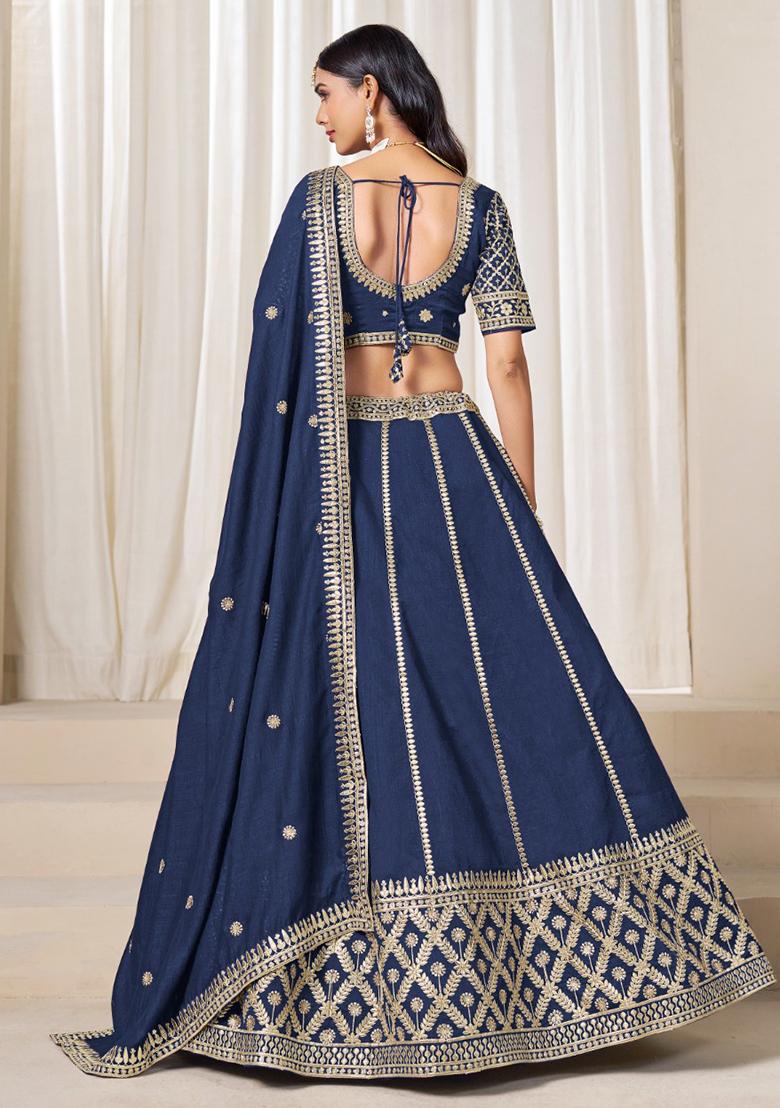 Navy Blue Embroidered Silk Lehenga Set