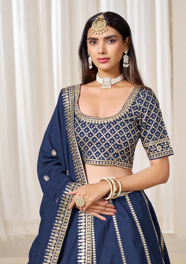 Navy Blue Embroidered Silk Lehenga Set - Indya