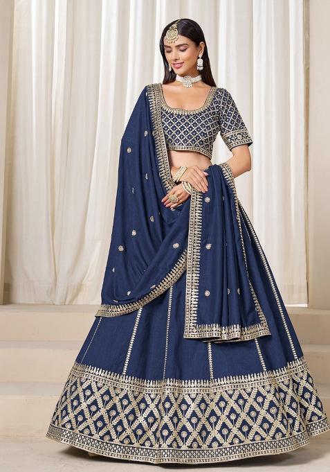 Navy Blue Embroidered Silk Lehenga Set