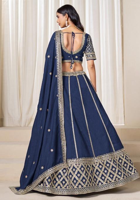 Navy Blue Embroidered Silk Lehenga Set