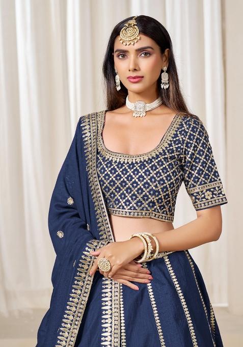 Navy Blue Embroidered Silk Lehenga Set