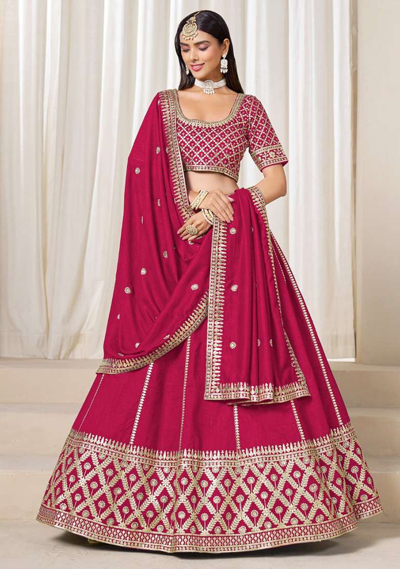 Red Embroidered Silk Blend Lehenga Set for Diwali and Festive Wear - Indya