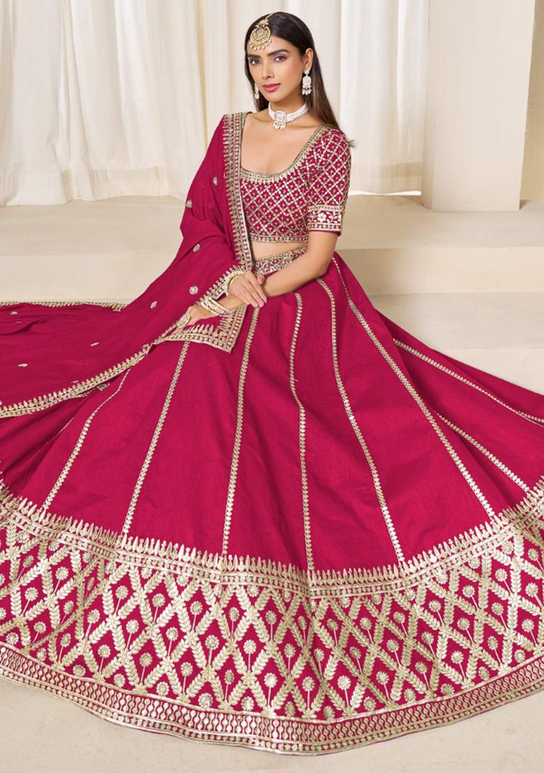 Red Embroidered Silk Lehenga Set - Indya