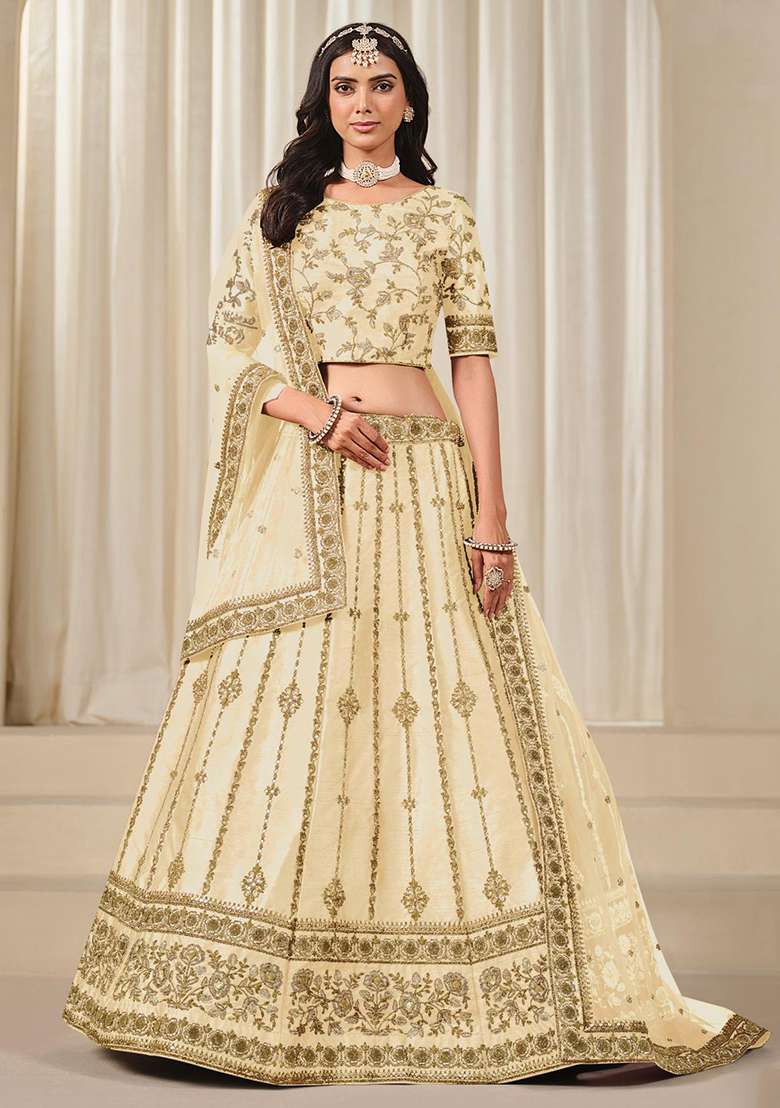 Beige Embroidered Silk Blend Lehenga Set for Diwali and Festive Wear - Indya