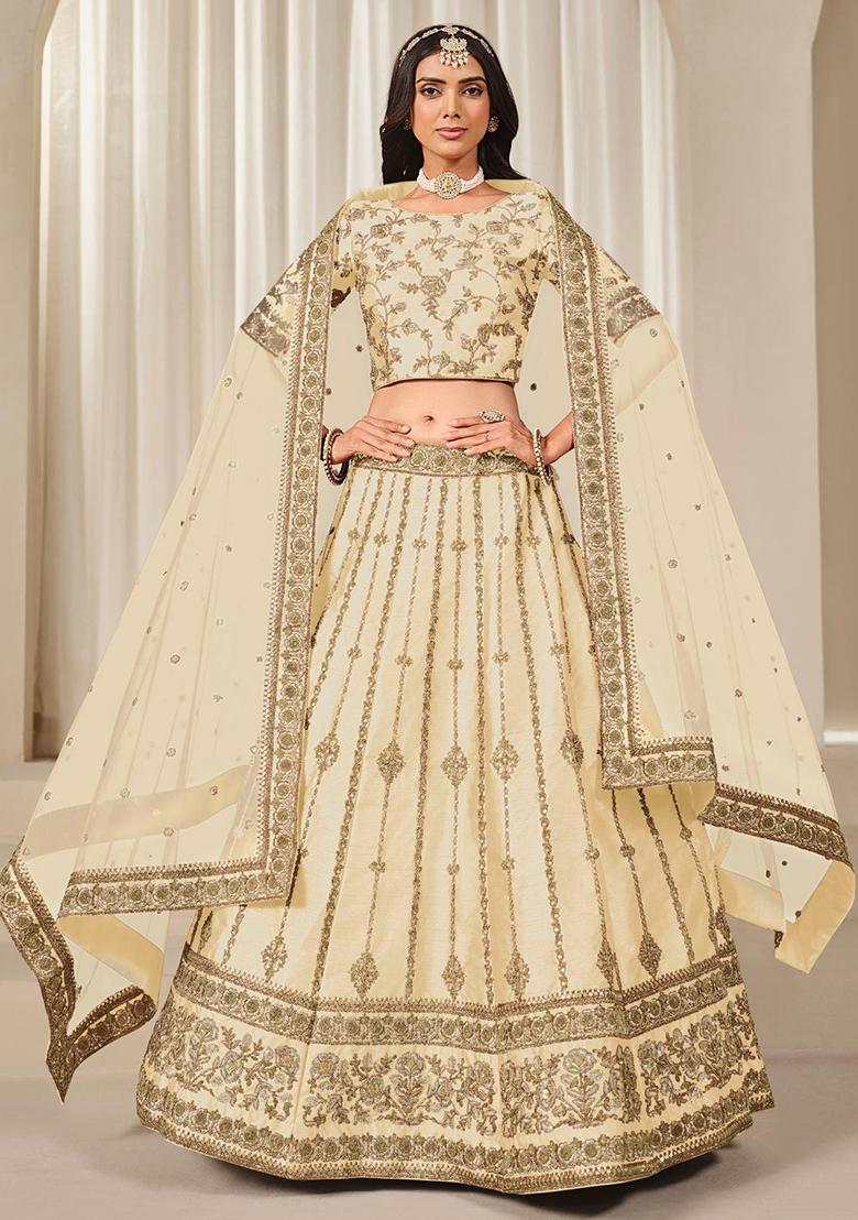 Beige Embroidered Silk Lehenga Set - Indya