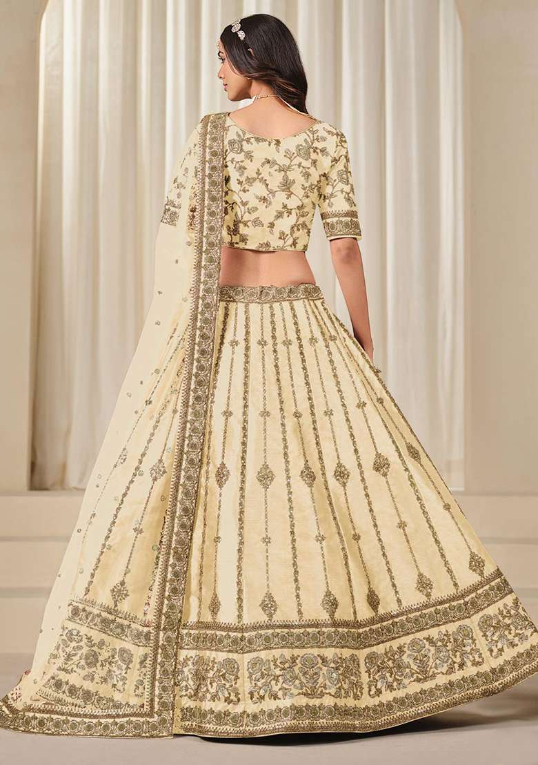 Beige Embroidered Silk Blend Lehenga Set for Diwali and Festive Wear - Indya