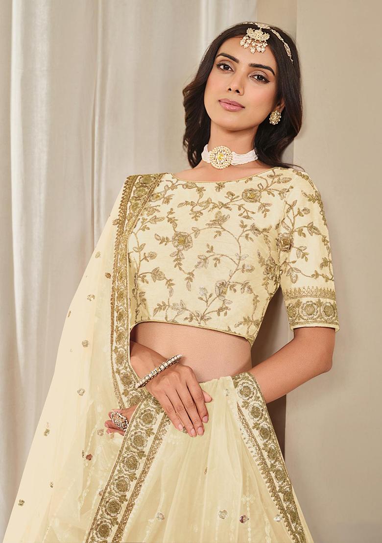 Beige Embroidered Silk Lehenga Set - Indya