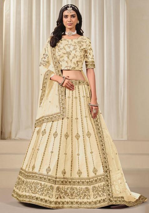 Beige Embroidered Silk Lehenga Set