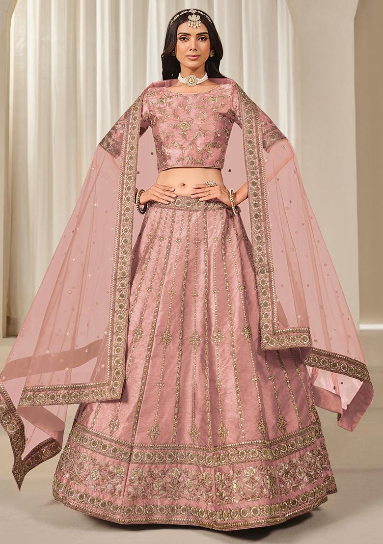 Pink Embroidered Silk Lehenga Set - Indya