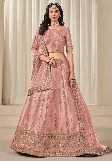Pink Embroidered Silk Lehenga Set