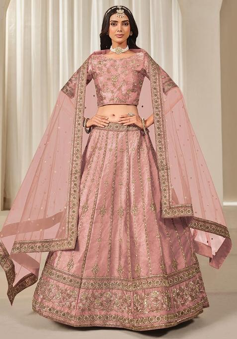 Pink Embroidered Silk Lehenga Set