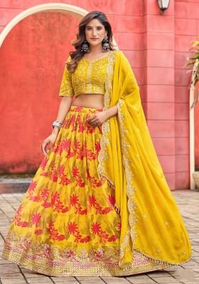 Yellow Printed Silk Lehenga Set