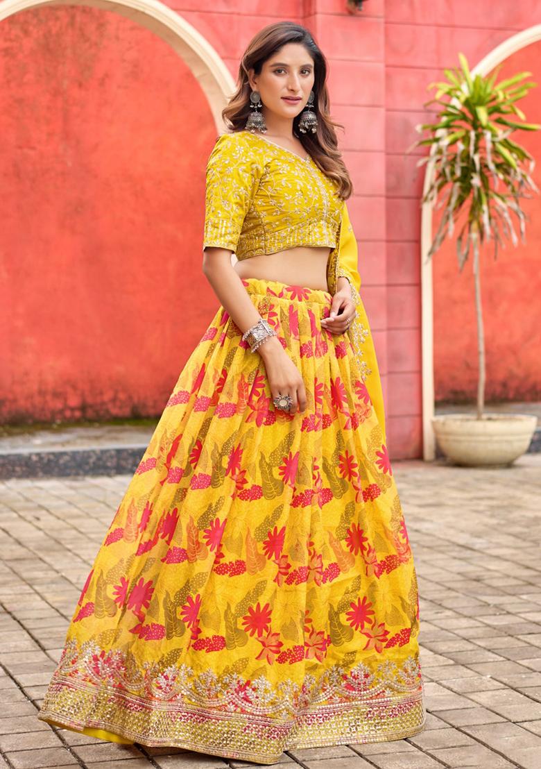Yellow Printed Silk Lehenga Set - Indya