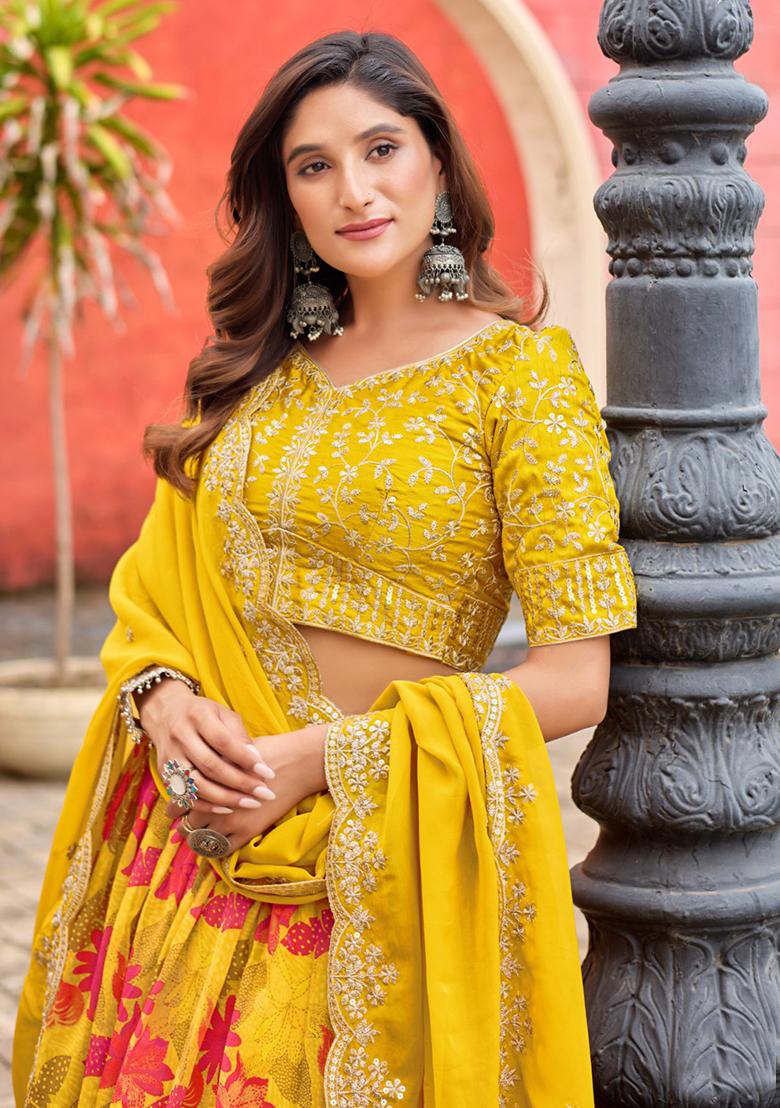 Yellow Printed Silk Lehenga Set - Indya