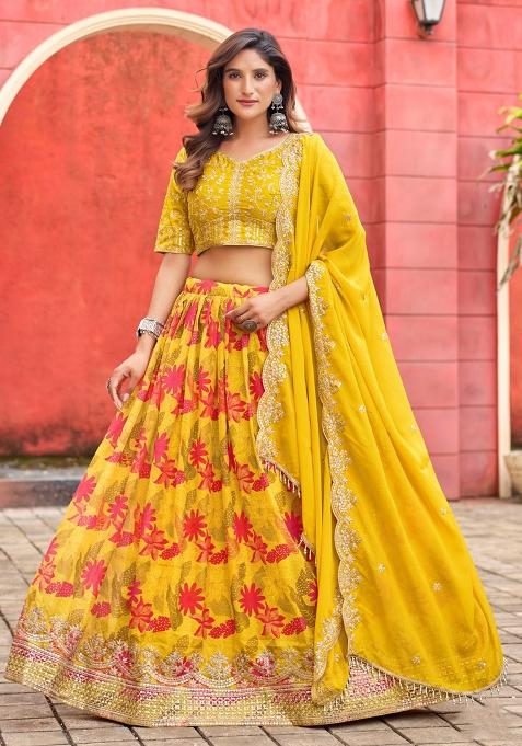 Yellow Printed Silk Lehenga Set