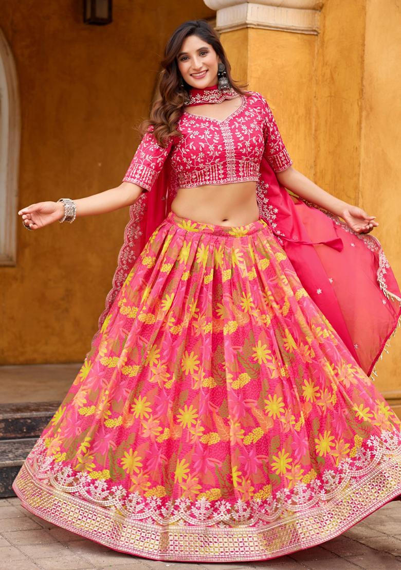 Magenta Printed Silk Lehenga Set