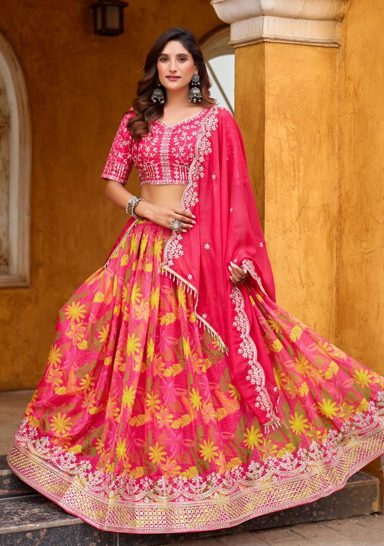 Magenta Printed Silk Lehenga Set - Indya