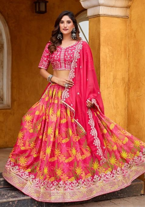 Magenta Printed Silk Lehenga Set