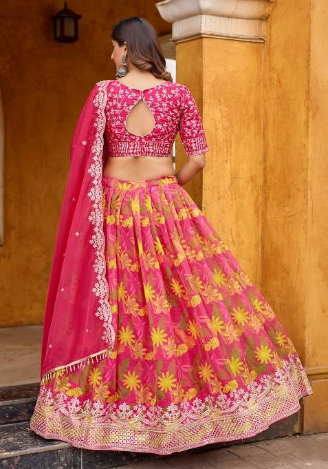 Magenta Printed Silk Lehenga Set