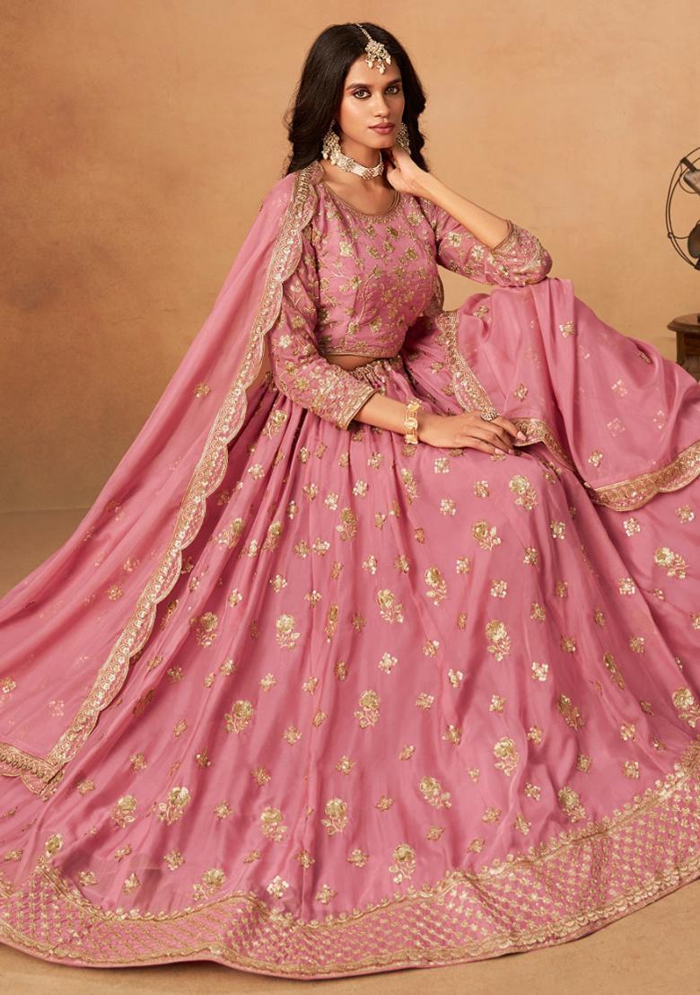 Pink Embroidered Organza Lehenga Set - Indya