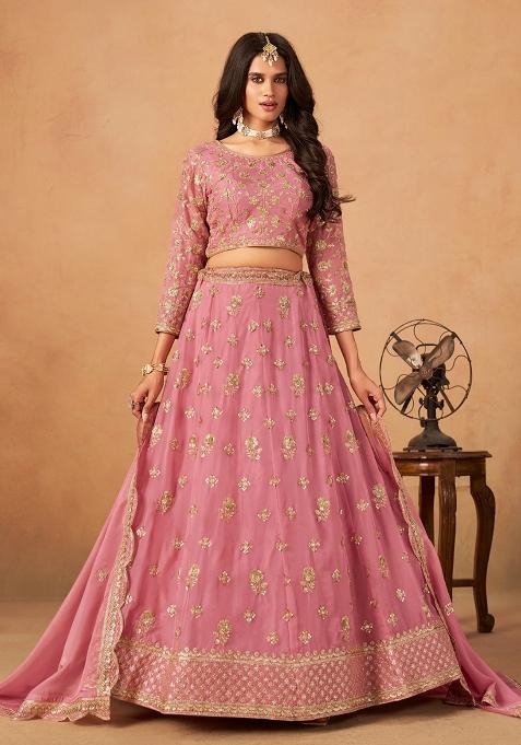 Pink Embroidered Organza Lehenga Set