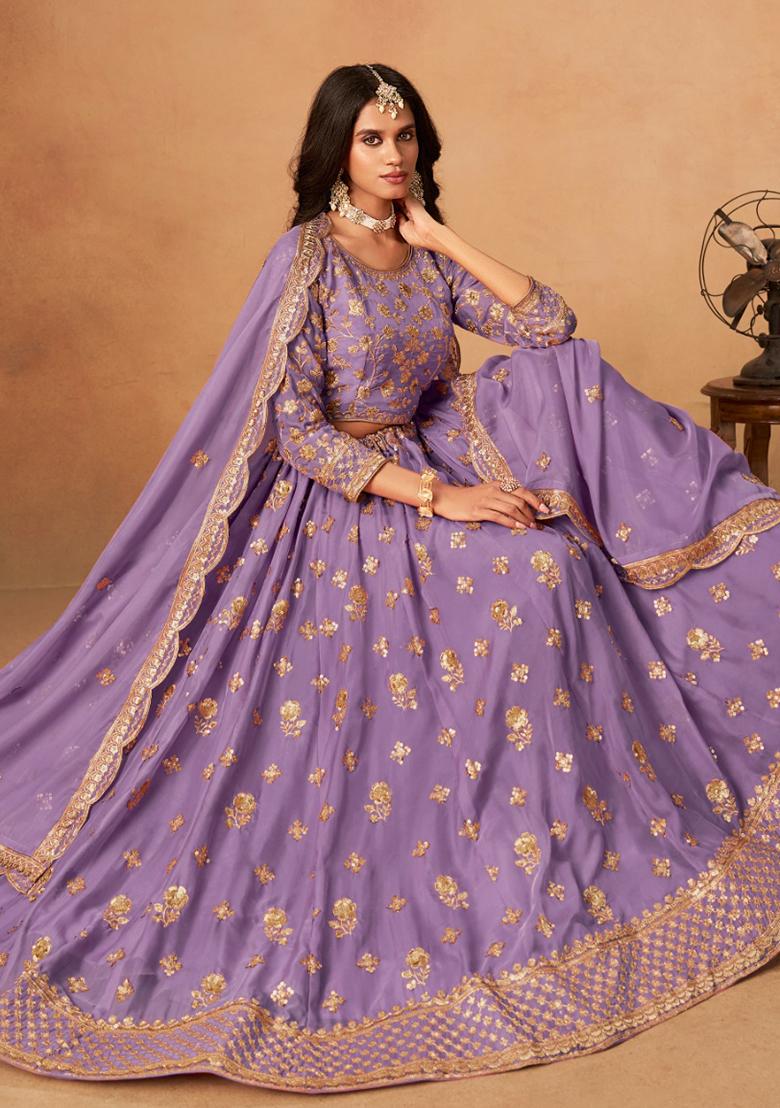 Lavender Embroidered Organza Lehenga Set - Indya