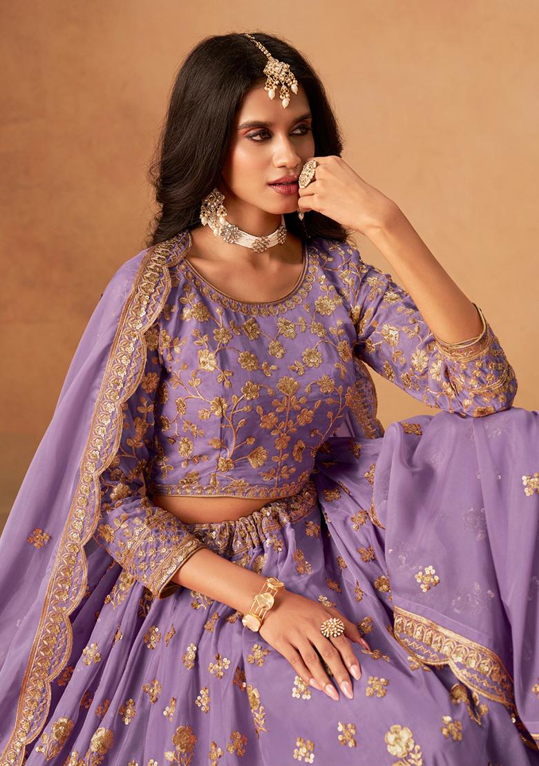 Lavender Embroidered Organza Lehenga Set - Indya