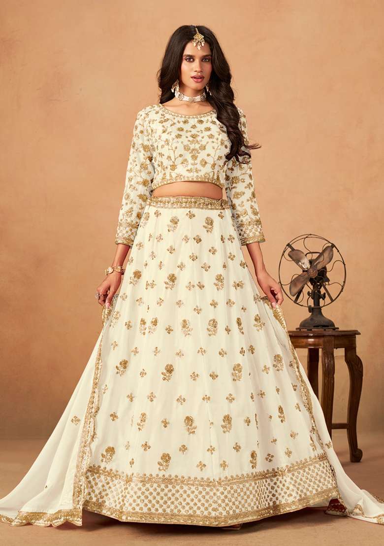 White Organza Lehenga Set with Embroidered for Diwali | Wedding & Festive Wear - Indya