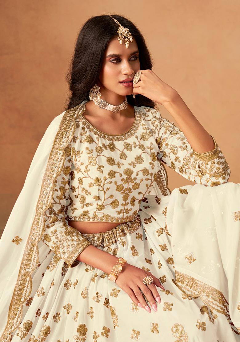 White Embroidered Organza Lehenga Set - Indya