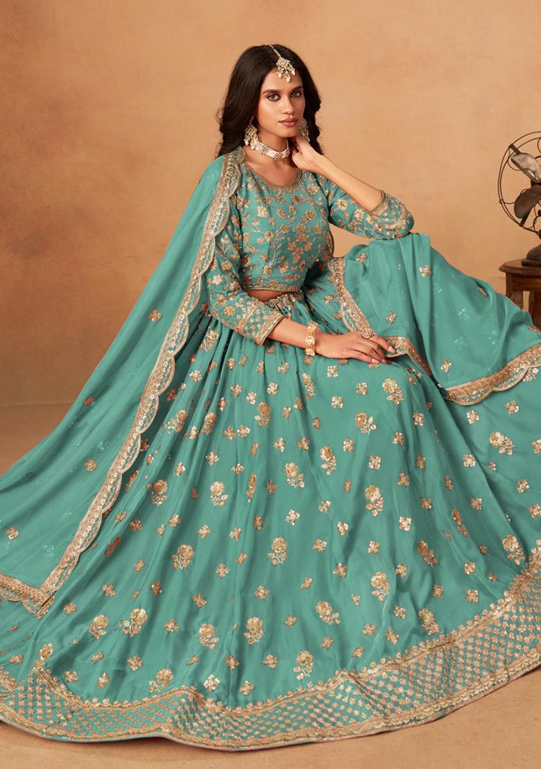 Sea Green Embroidered Organza Lehenga Set - Indya